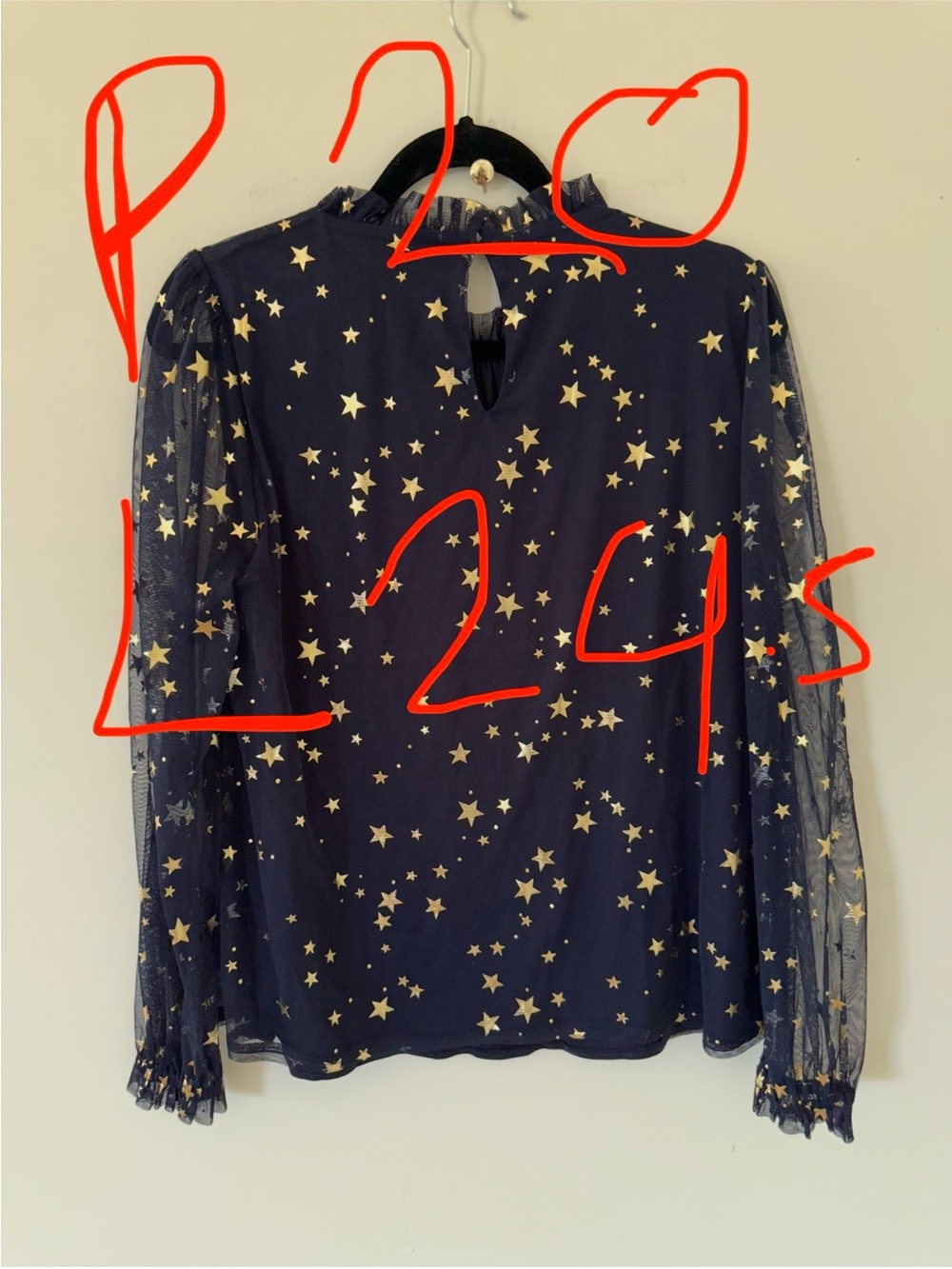 Boden Navy Gold Star Mesh Blouse Sheer Sleeve Ruffle Neck Top US Size 8 - Picture 7 of 8
